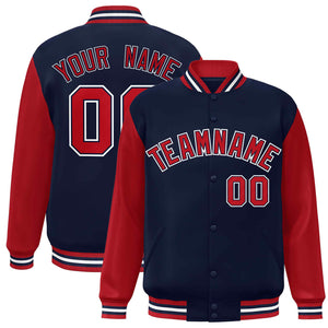 Veste Letterman universitaire à manches raglan rouge-marine personnalisée