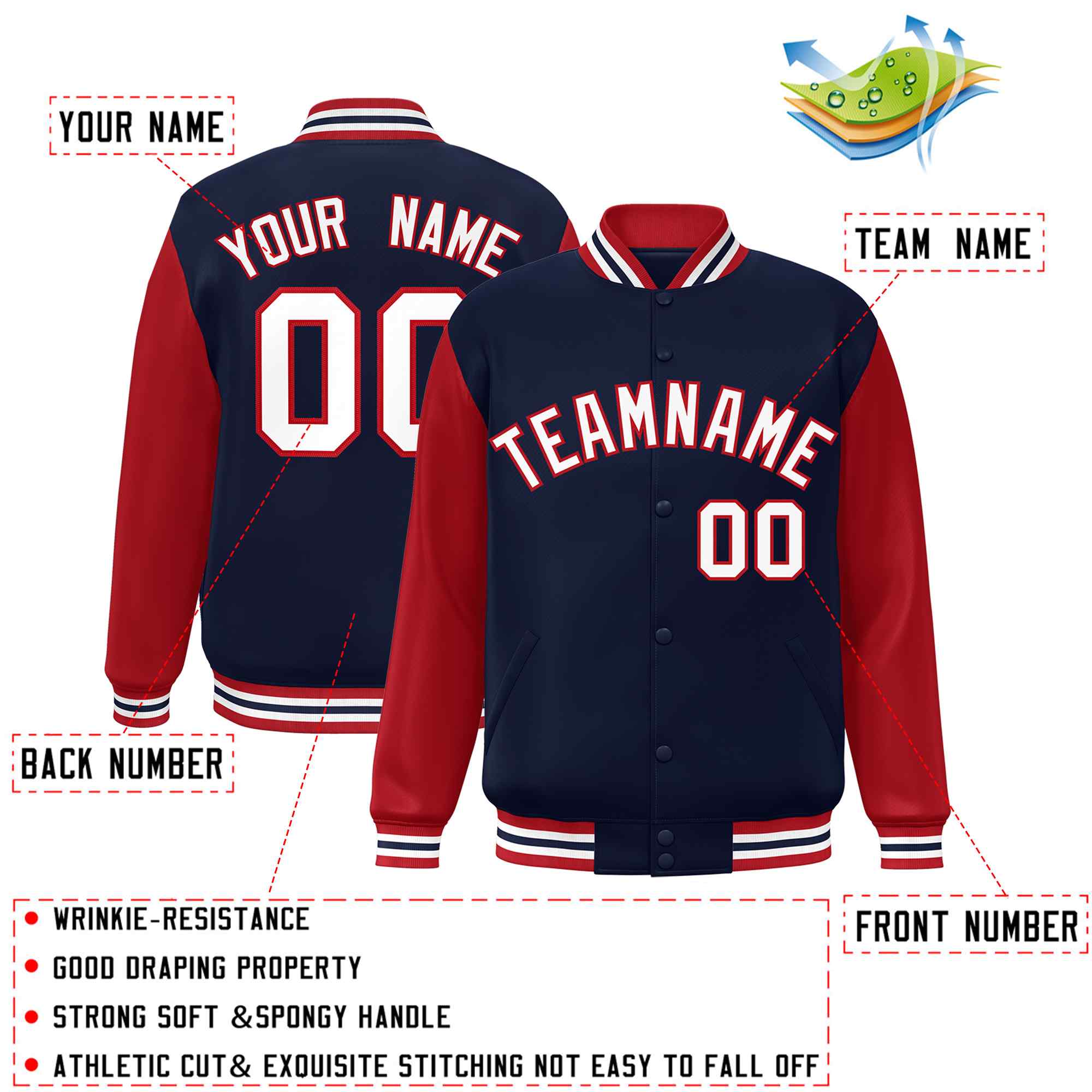 Custom Navy White-Red Raglan Sleeves Varsity Full-Snap Letterman Jacket