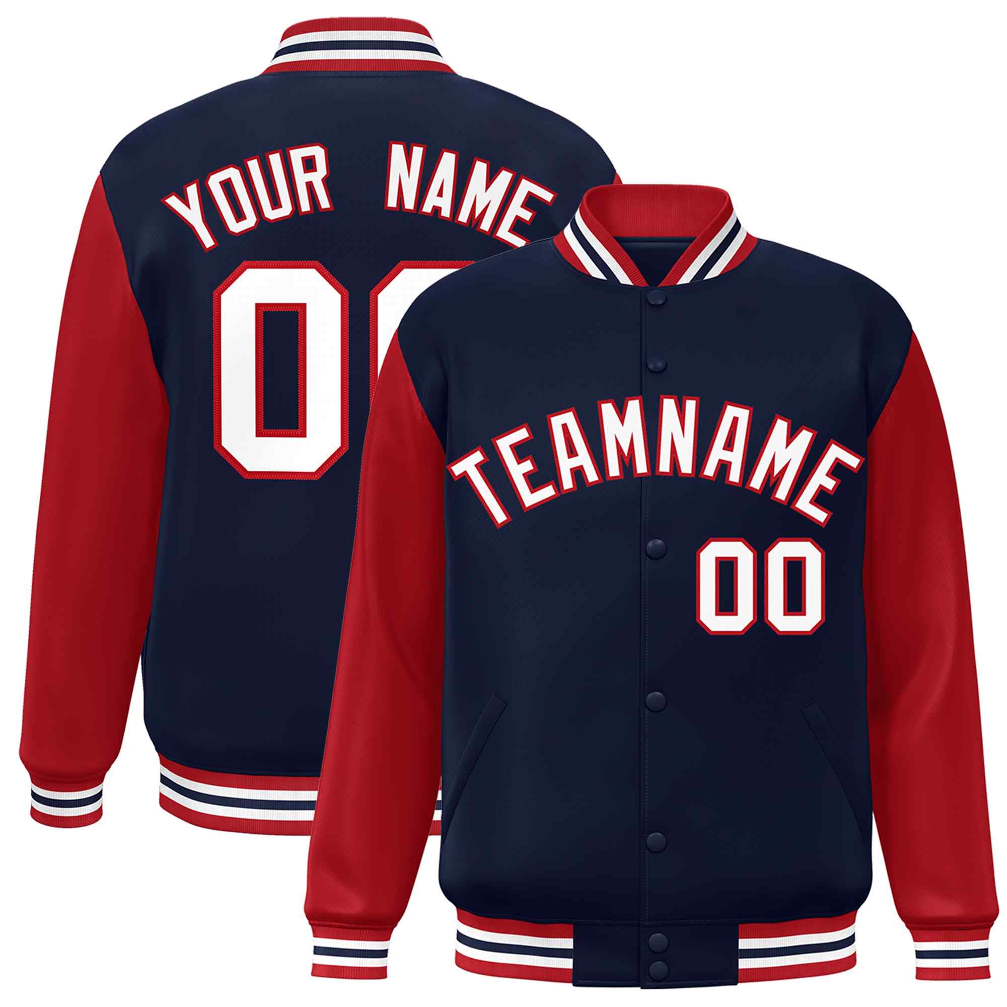 Custom Navy White-Red Raglan Sleeves Varsity Full-Snap Letterman Jacket