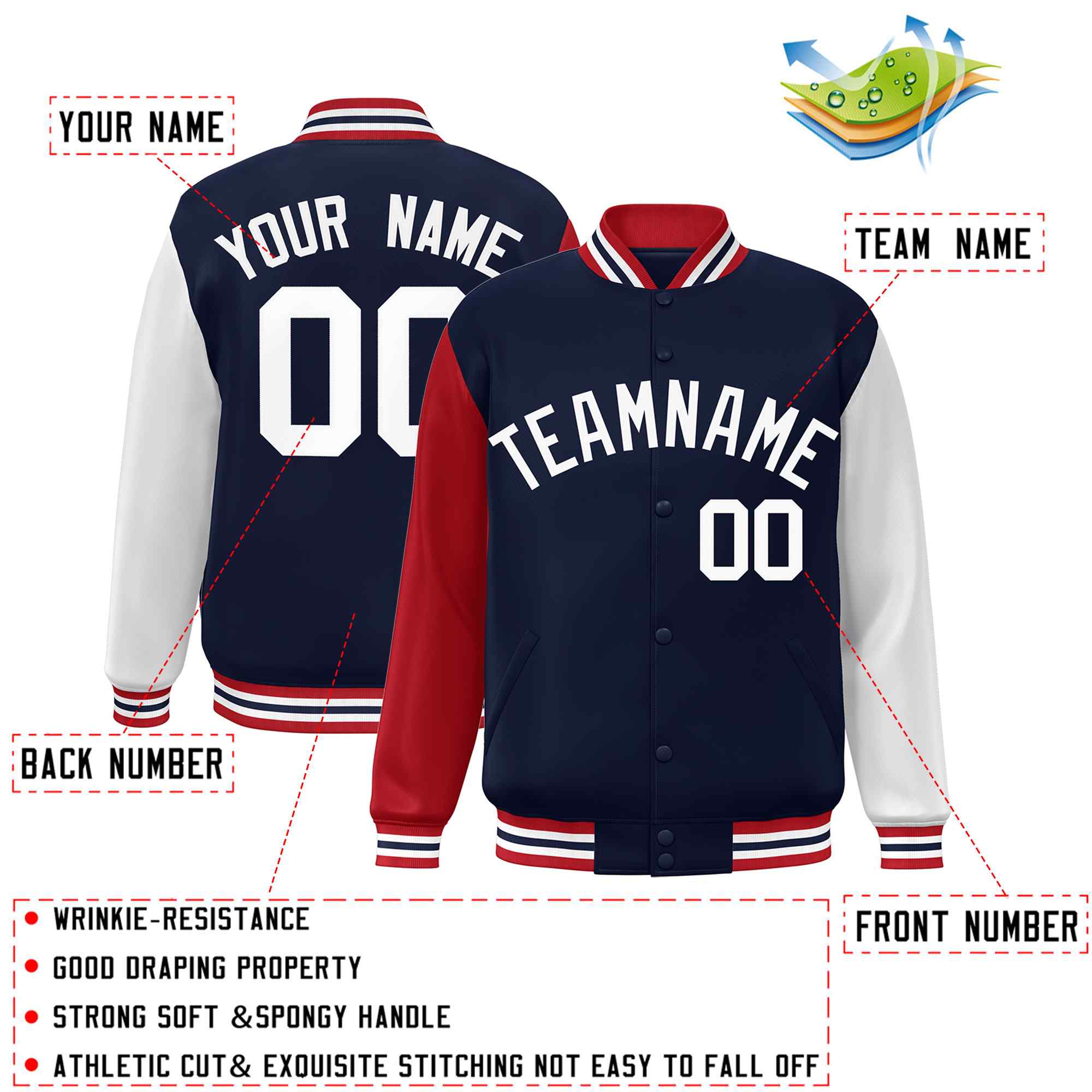 Custom Navy White Raglan Sleeves Varsity Full-Snap Letterman Jacket