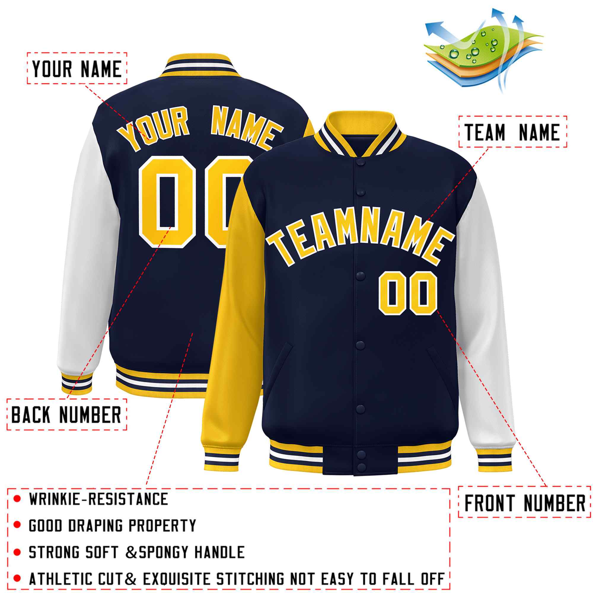 Veste Letterman Varsity Full-Snap à manches raglan personnalisées bleu marine et blanc