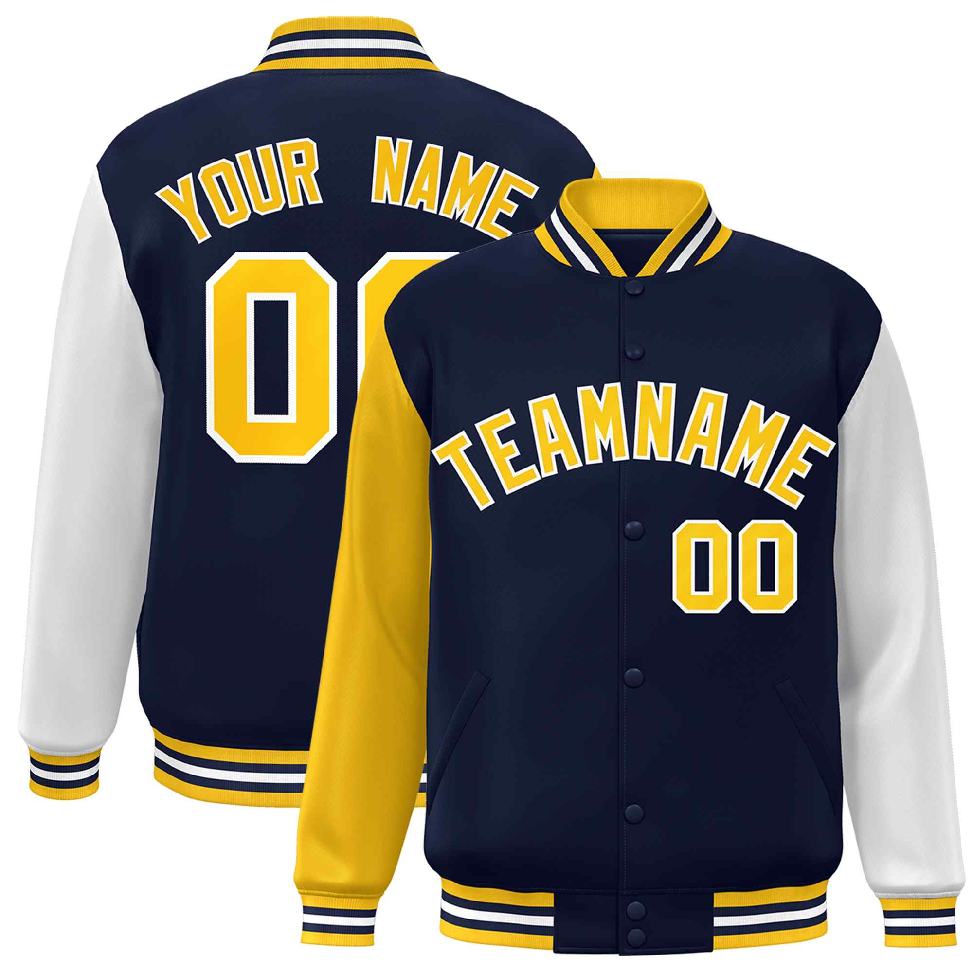 Veste Letterman Varsity Full-Snap à manches raglan personnalisées bleu marine et blanc