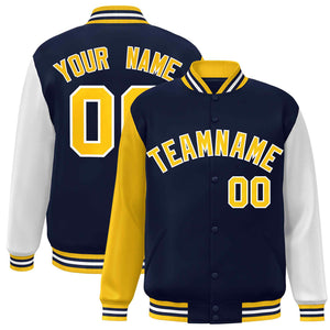 Custom Navy Gold-White Raglan Sleeves Varsity Full-Snap Letterman Jacket