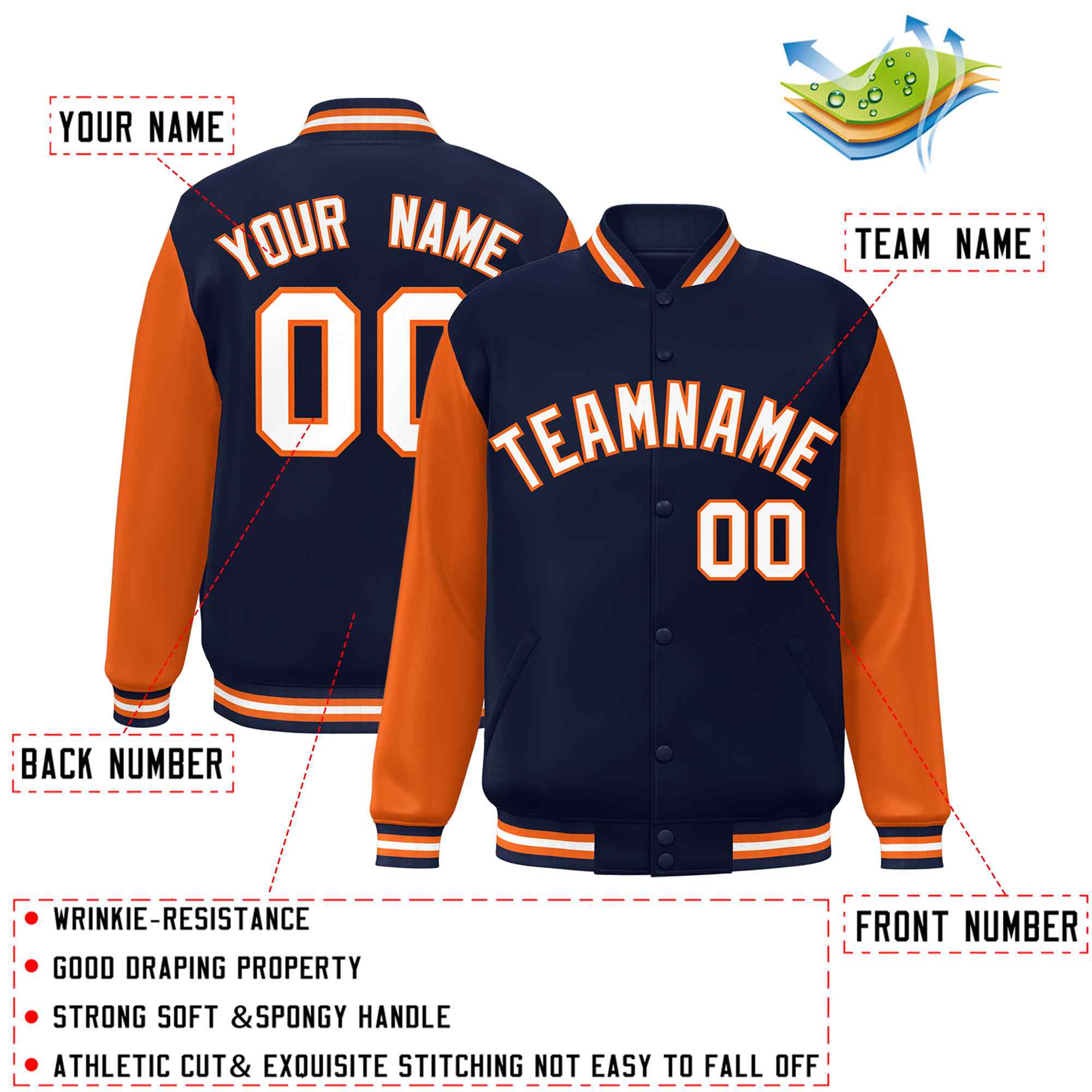 Custom Navy White-Orange Raglan Sleeves Varsity Full-Snap Letterman Jacket