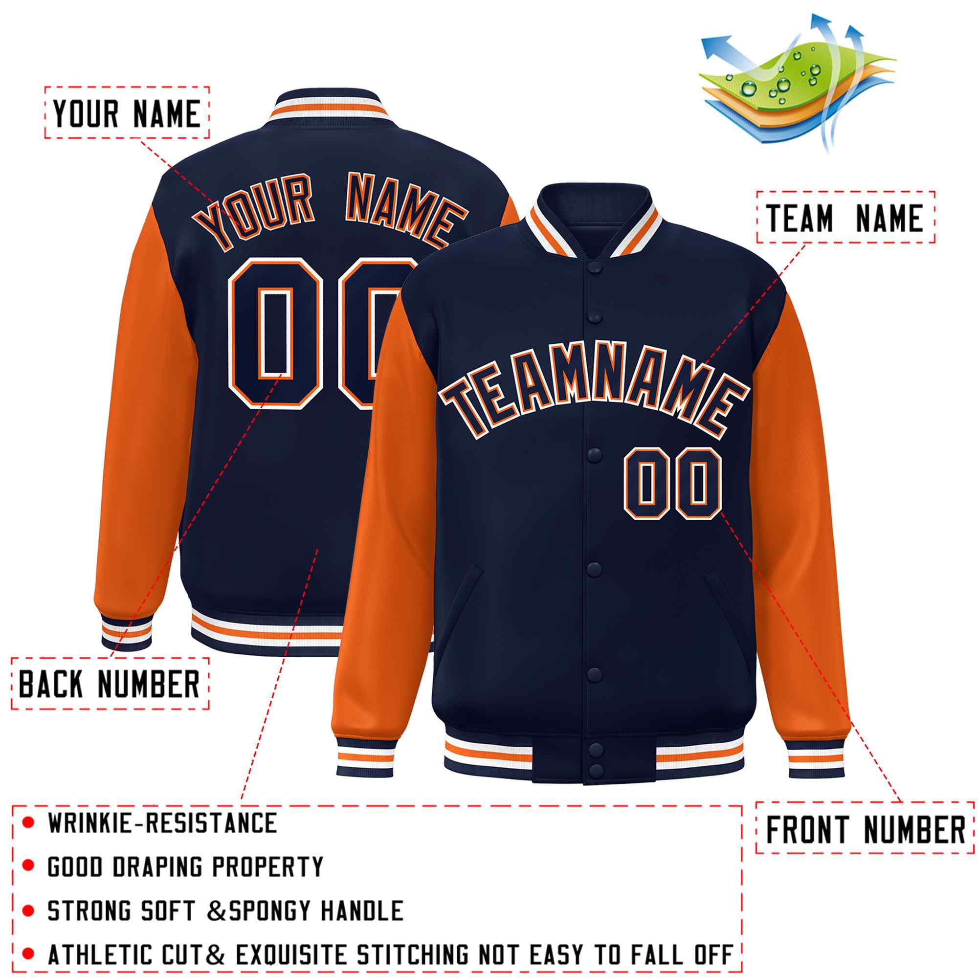 Custom Navy Navy-Orange Raglan Sleeves Varsity Full-Snap Letterman Jacket