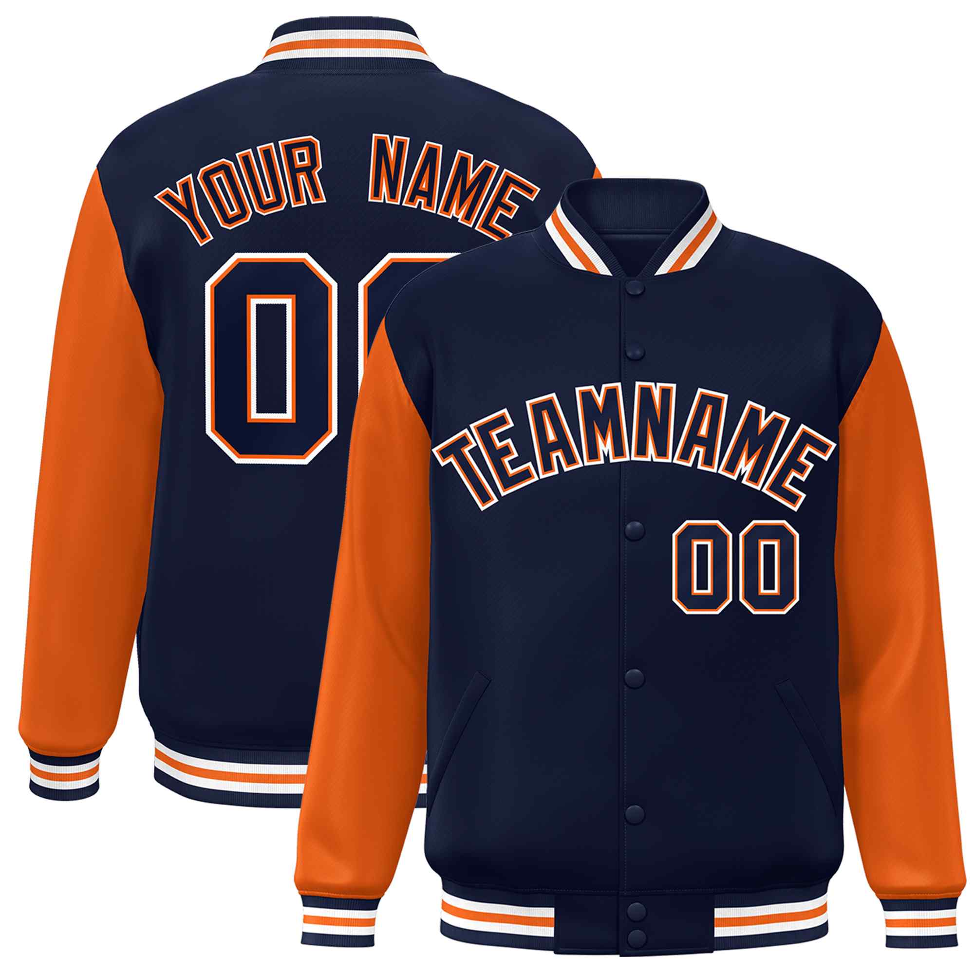 Custom Navy Navy-Orange Raglan Sleeves Varsity Full-Snap Letterman Jacket