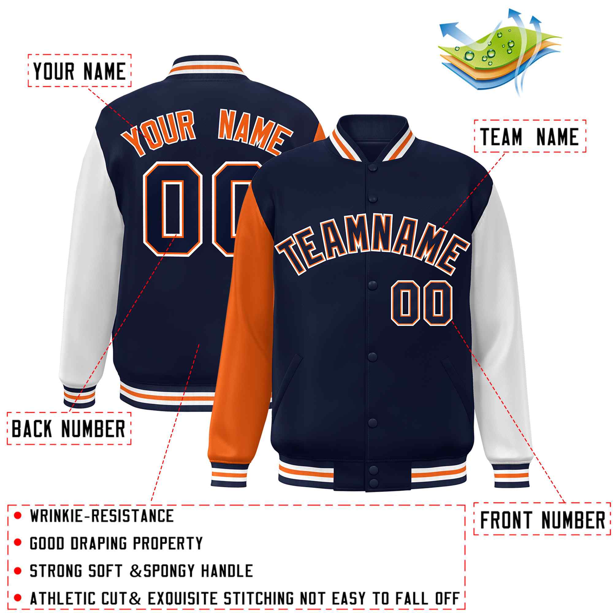 Custom Navy Navy-Orange Raglan Sleeves Varsity Full-Snap Letterman Jacket