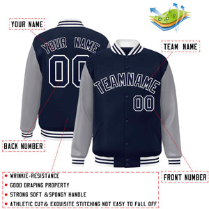 Veste Letterman Varsity Full-Snap à manches raglan bleu marine-blanc personnalisée