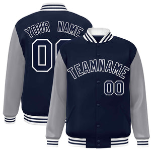 Veste Letterman Varsity Full-Snap à manches raglan bleu marine-blanc personnalisée