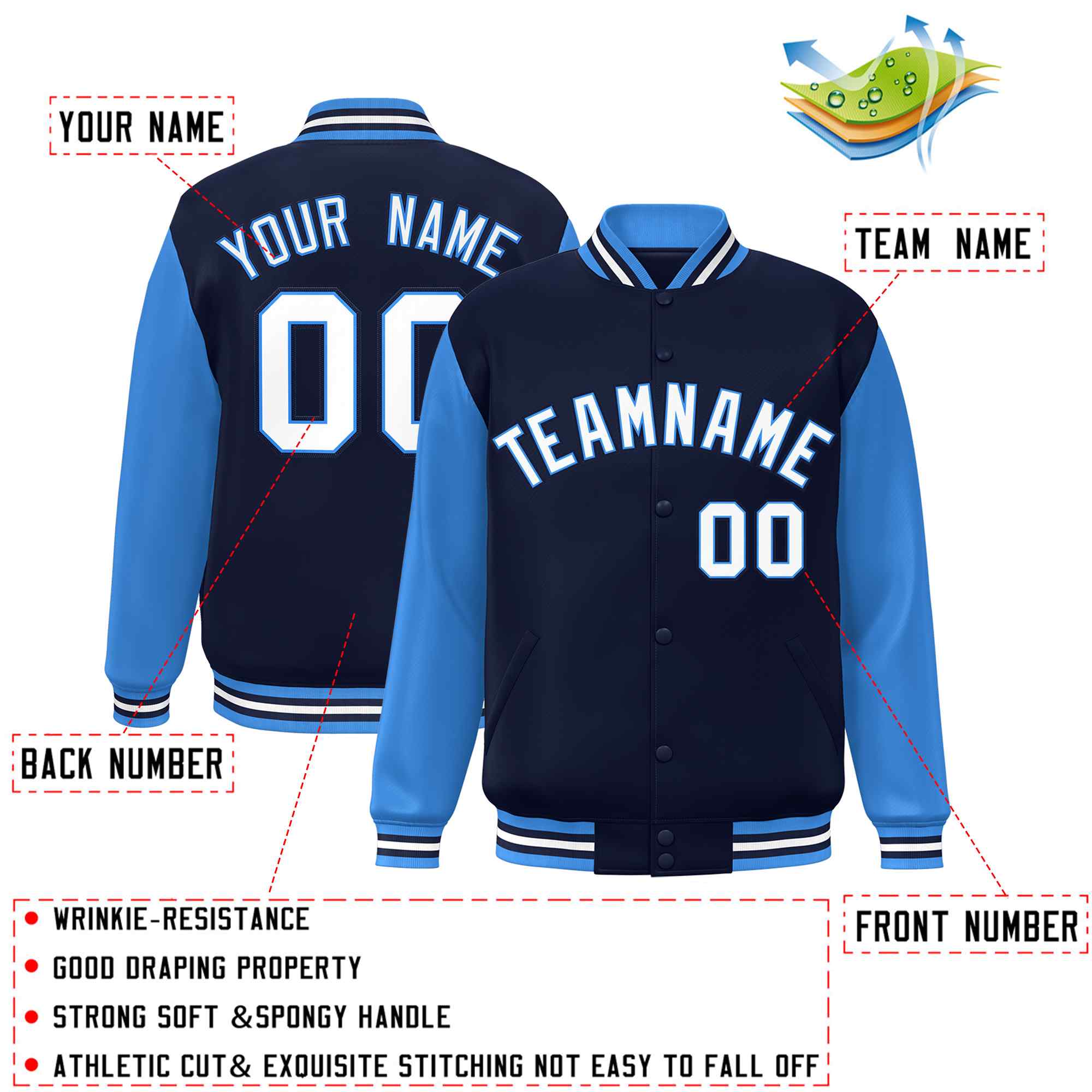 Custom Navy White-Powder Blue Raglan Sleeves Varsity Full-Snap Letterman Jacket