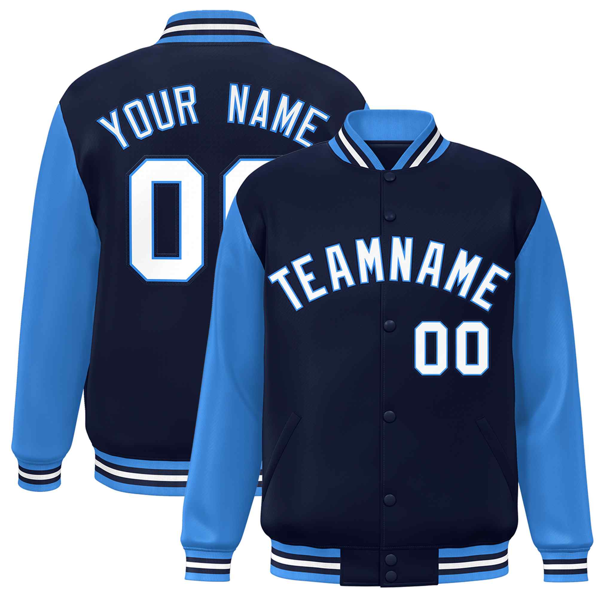 Custom Navy White-Powder Blue Raglan Sleeves Varsity Full-Snap Letterman Jacket