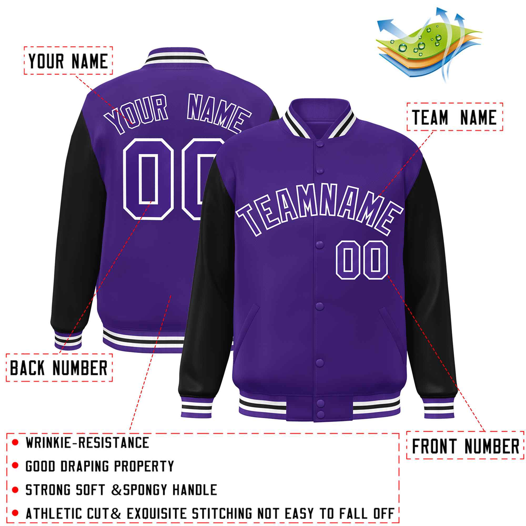 Veste Letterman Varsity Full-Snap à manches raglan violet-blanc personnalisée