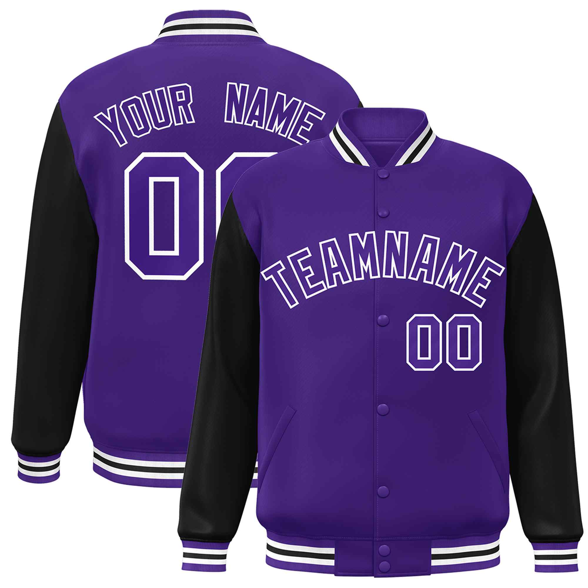 Veste Letterman Varsity Full-Snap à manches raglan violet-blanc personnalisée