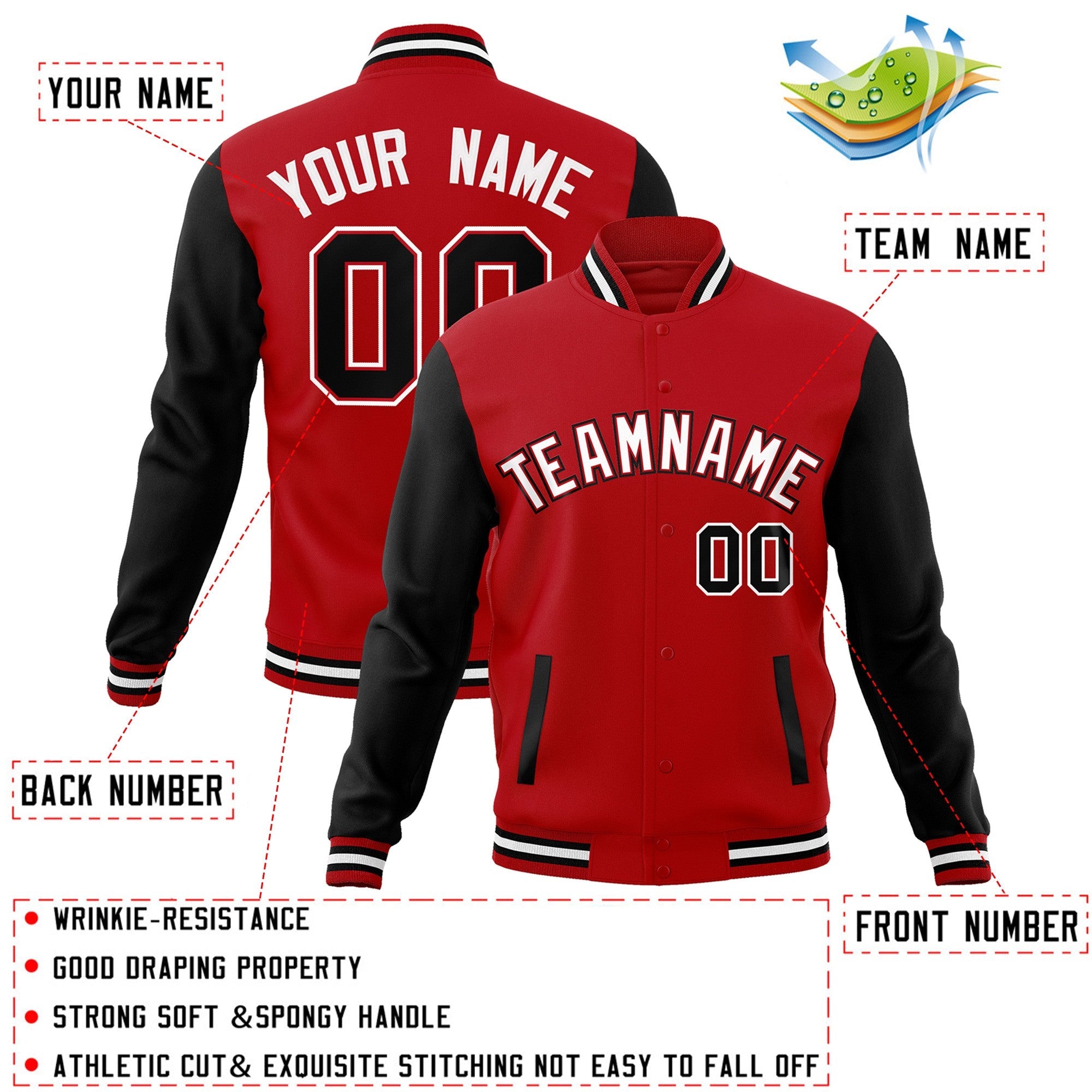 Custom Red White-Red Raglan Sleeves Varsity Full-Snap Letterman Jacket