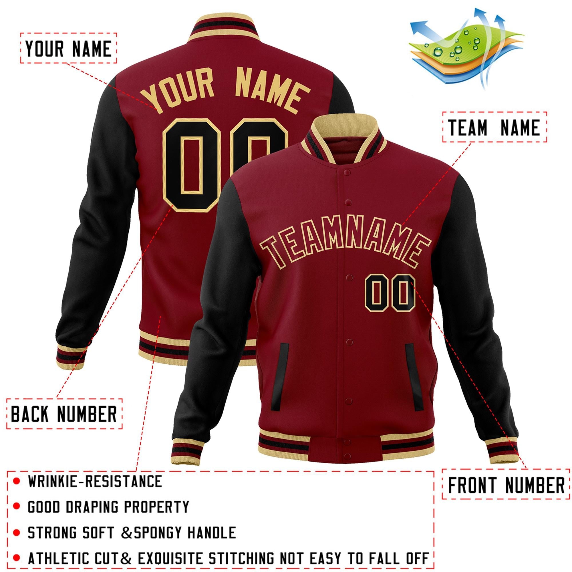 Veste Letterman Varsity Full-Snap Custom Crimson Crimson-Khaki à manches raglan