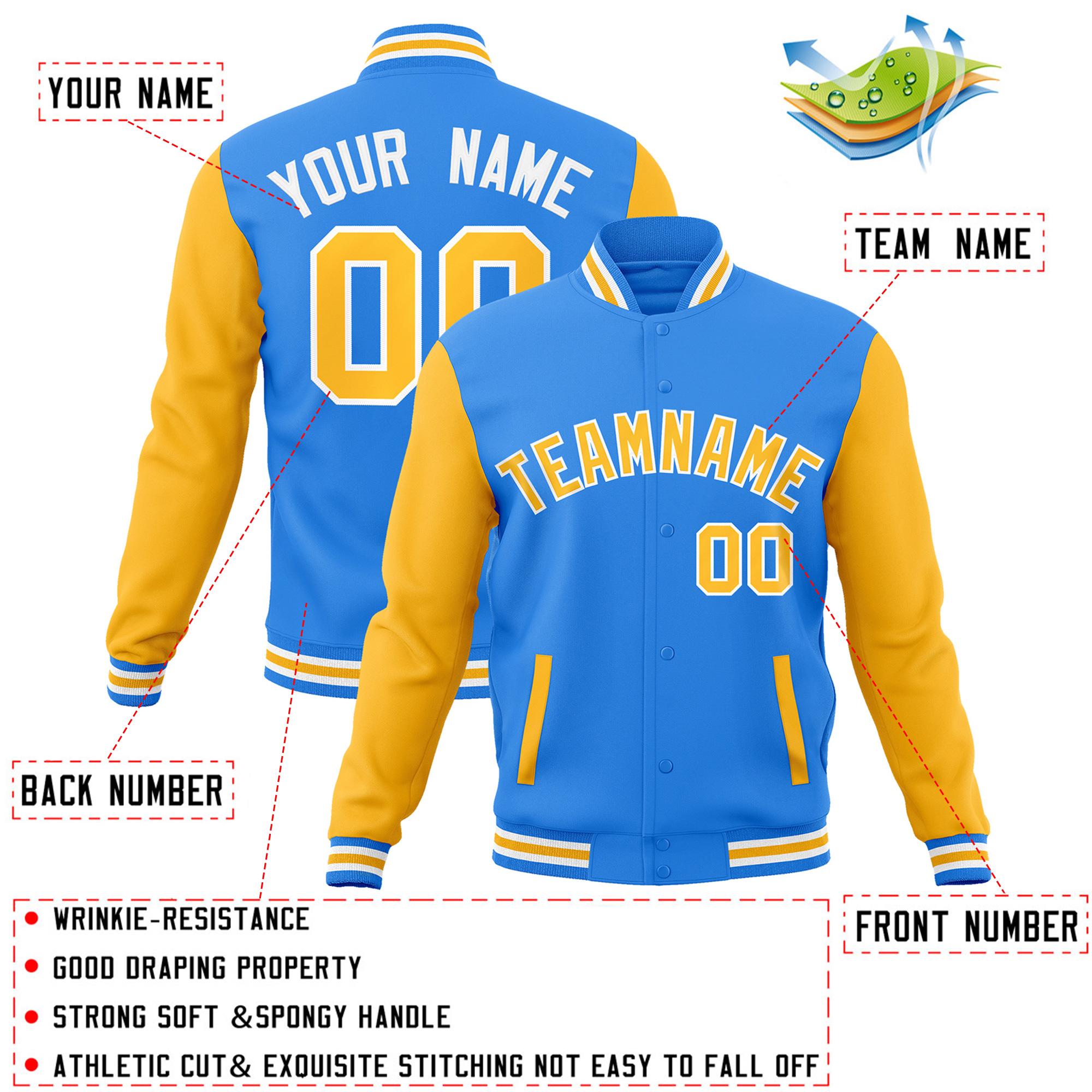 Custom Powder Blue Yellow-White Raglan Sleeves Varsity Full-Snap Letterman Jacket