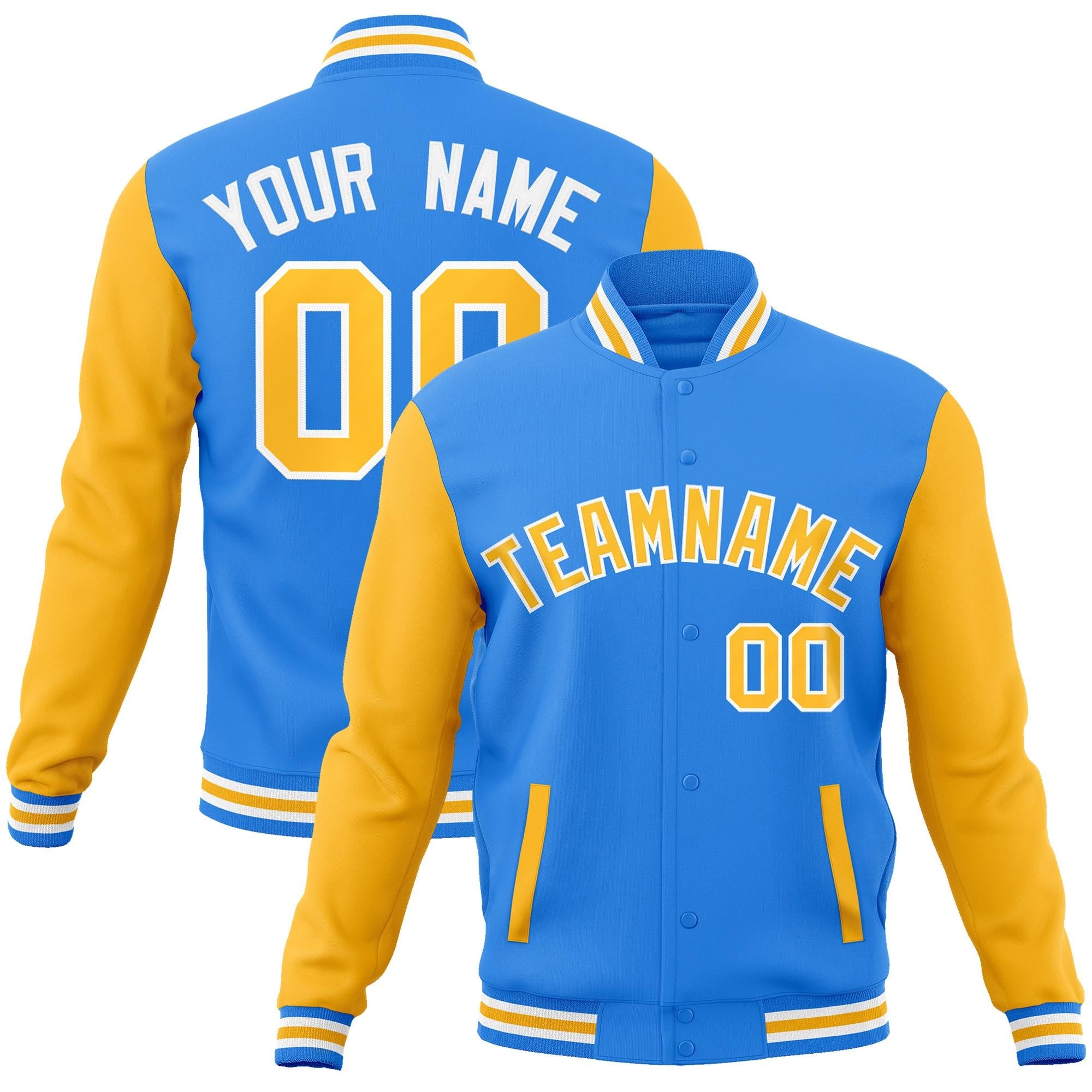 Custom Powder Blue Yellow-White Raglan Sleeves Varsity Full-Snap Letterman Jacket