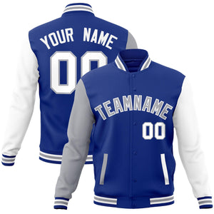 Custom Royal Gray-White Raglan Sleeves Varsity Full-Snap Letterman Jacket