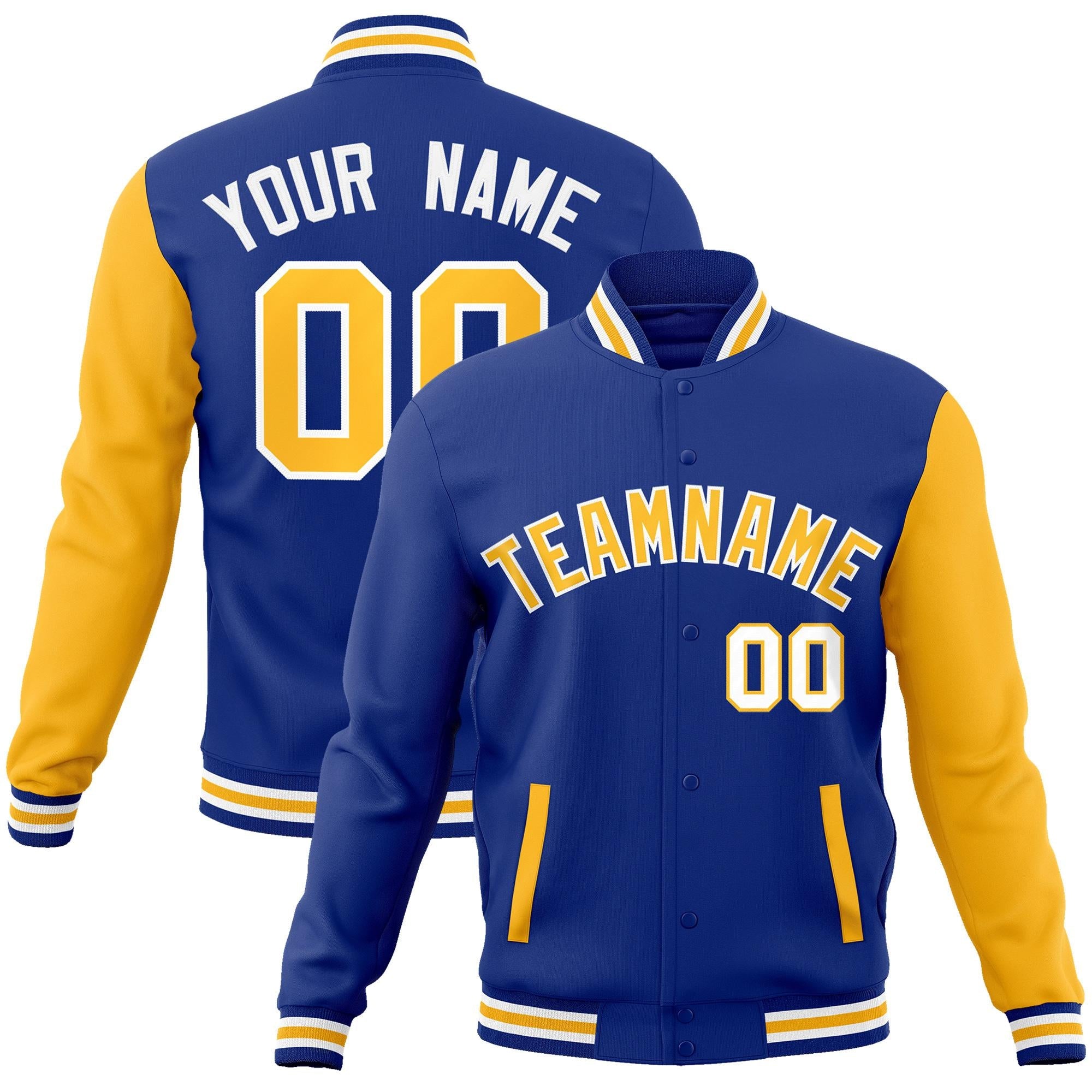 Custom Royal Yellow-White Raglan Sleeves Varsity Full-Snap Letterman Jacket