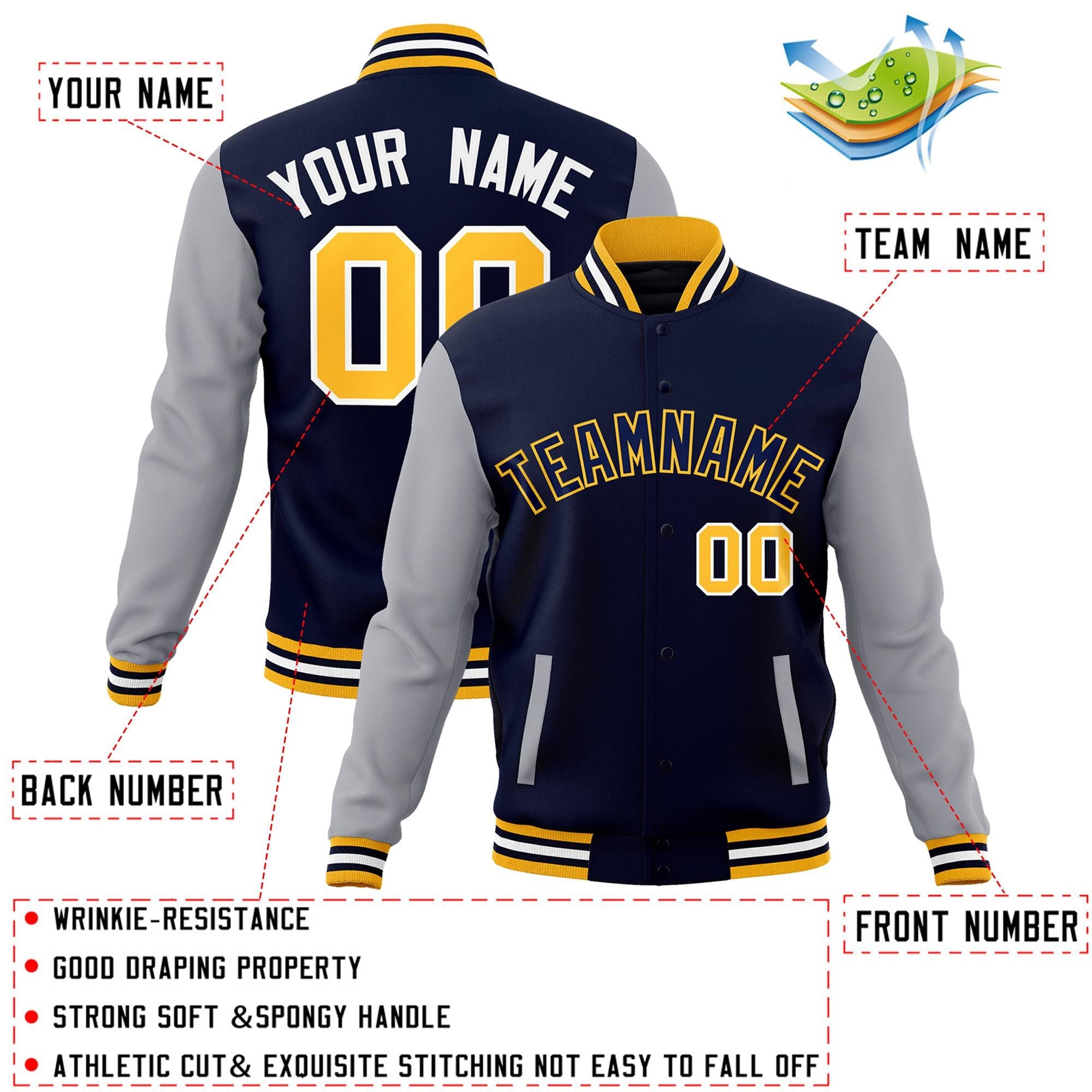 Custom Navy Navy-Yellow Raglan Sleeves Varsity Full-Snap Letterman Jacket