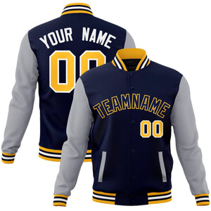 Custom Navy Navy-Yellow Raglan Sleeves Varsity Full-Snap Letterman Jacket