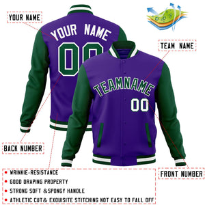 Veste Letterman Varsity Full-Snap à manches raglan personnalisées violet vert-blanc