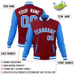 Custom Crimson Powder Blue-White Raglan Sleeves Varsity Full-Snap Letterman Jacket