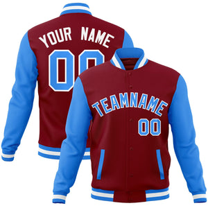 Custom Crimson Powder Blue-White Raglan Sleeves Varsity Full-Snap Letterman Jacket