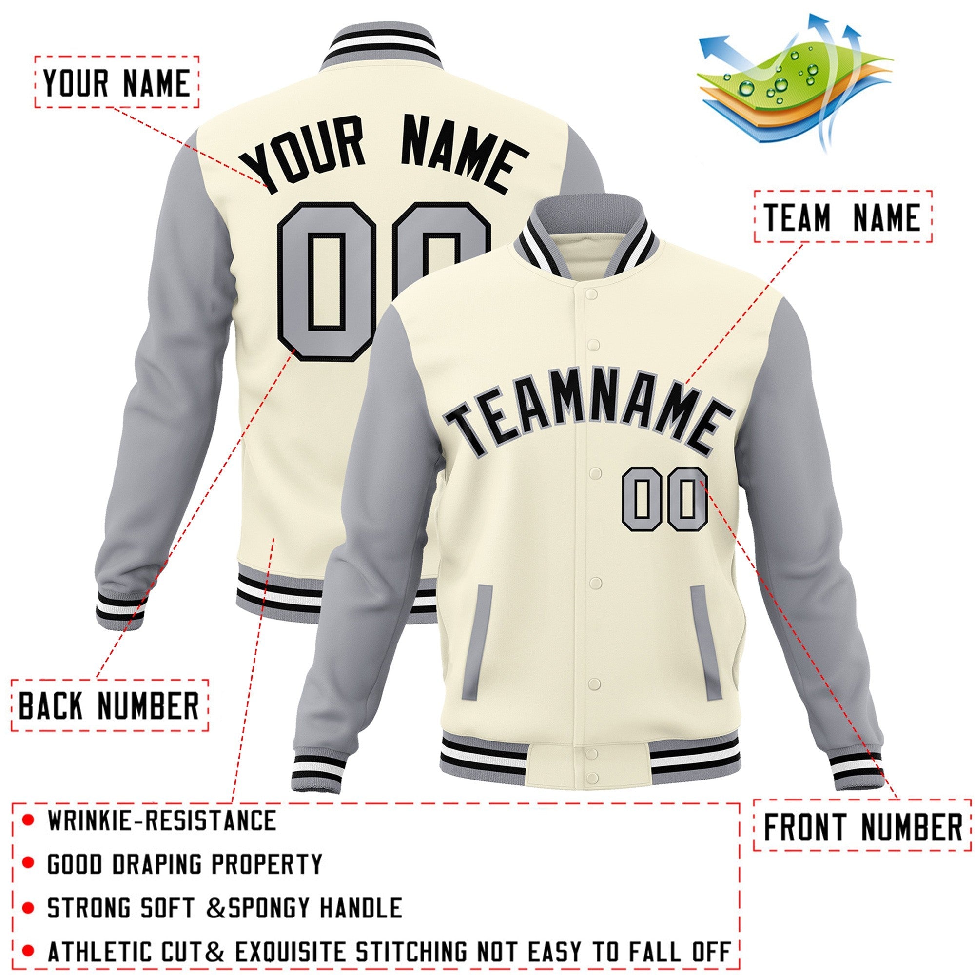 Veste Letterman Varsity Full-Snap à manches raglan kaki noir-gris personnalisée