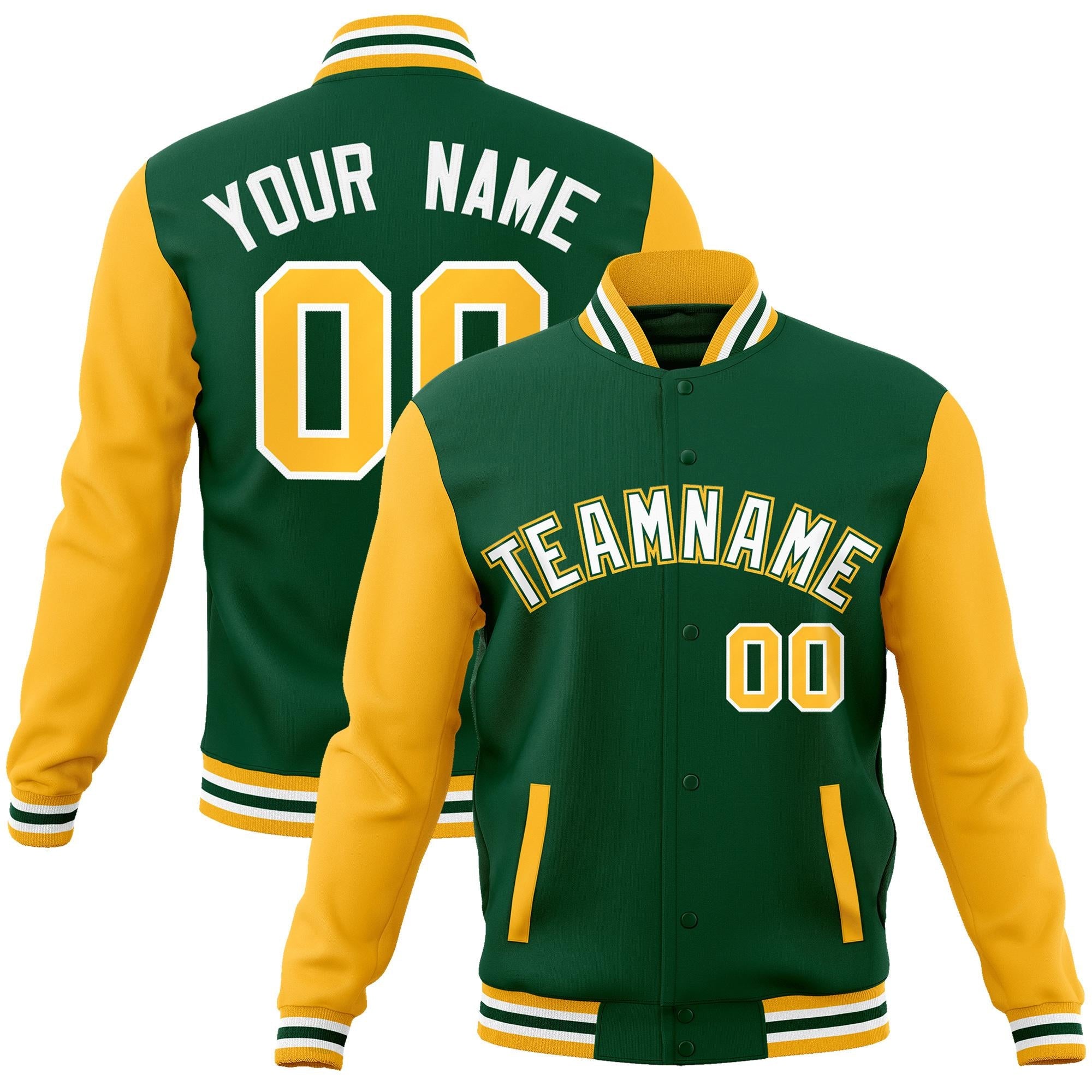 Custom Green White-Green Raglan Sleeves Varsity Full-Snap Letterman Jacket