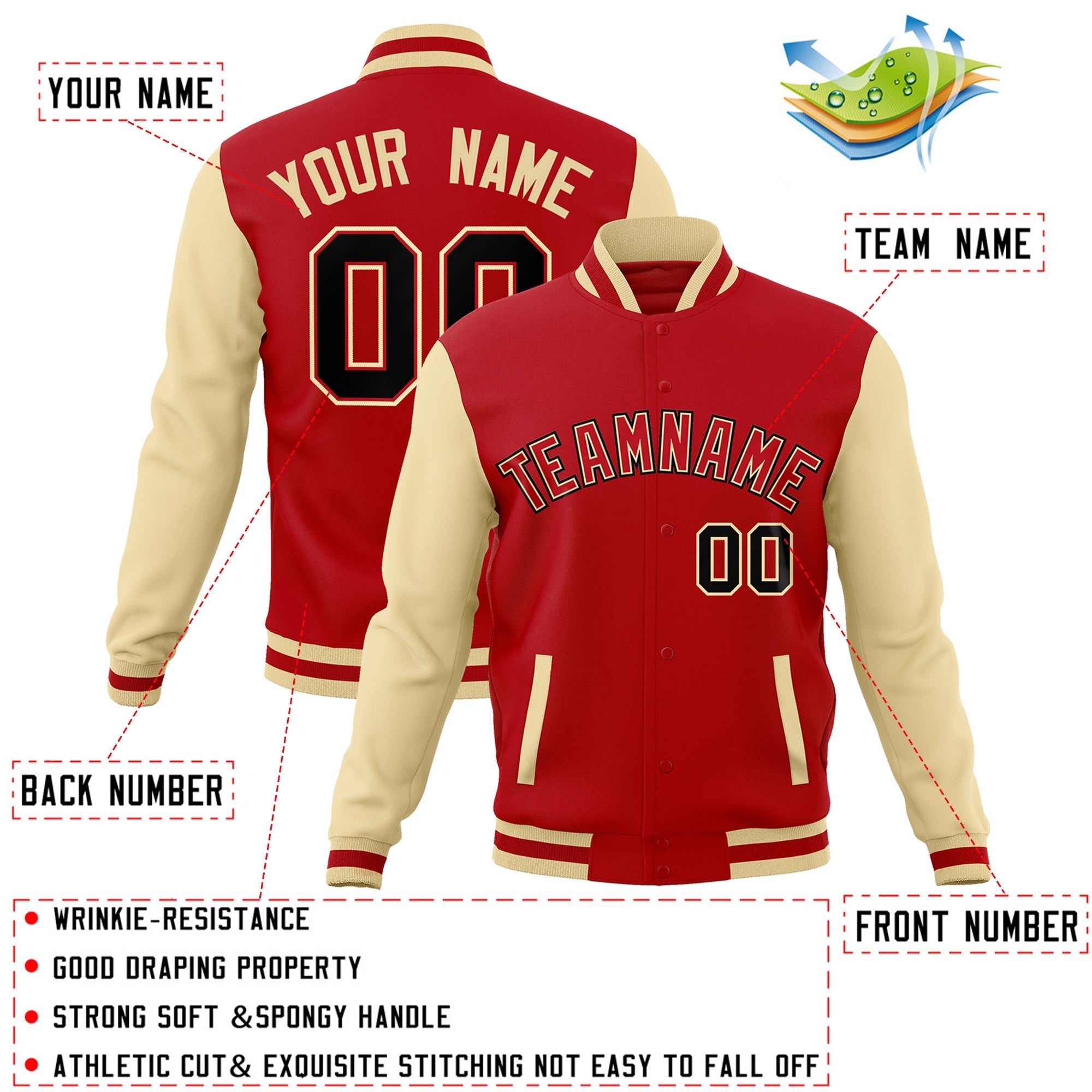 Custom Red Red-Khaki Raglan Sleeves Varsity Full-Snap Letterman Jacket