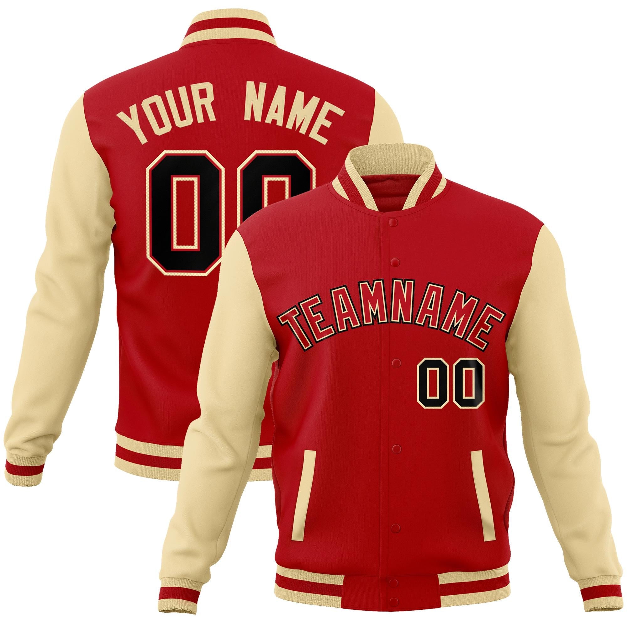 Custom Red Red-Khaki Raglan Sleeves Varsity Full-Snap Letterman Jacket