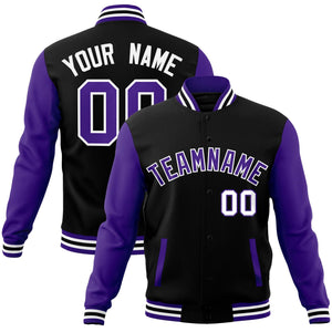 Custom Black Purple-White Raglan Sleeves Varsity Full-Snap Letterman Jacket