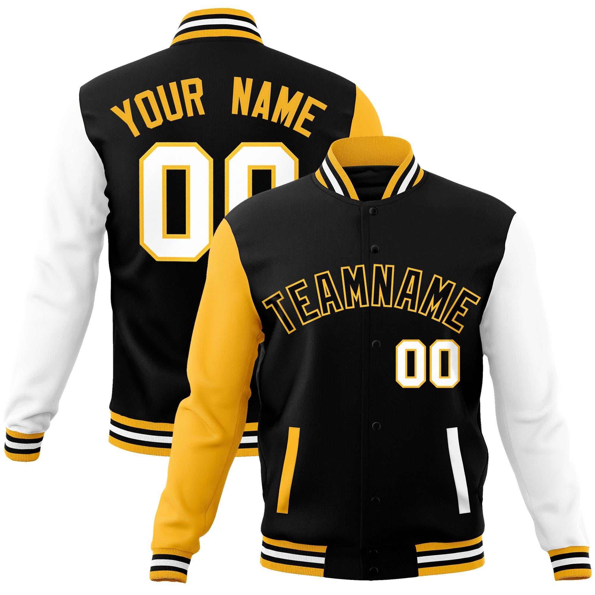 Custom Black Black-Yellow Raglan Sleeves Varsity Full-Snap Letterman Jacket