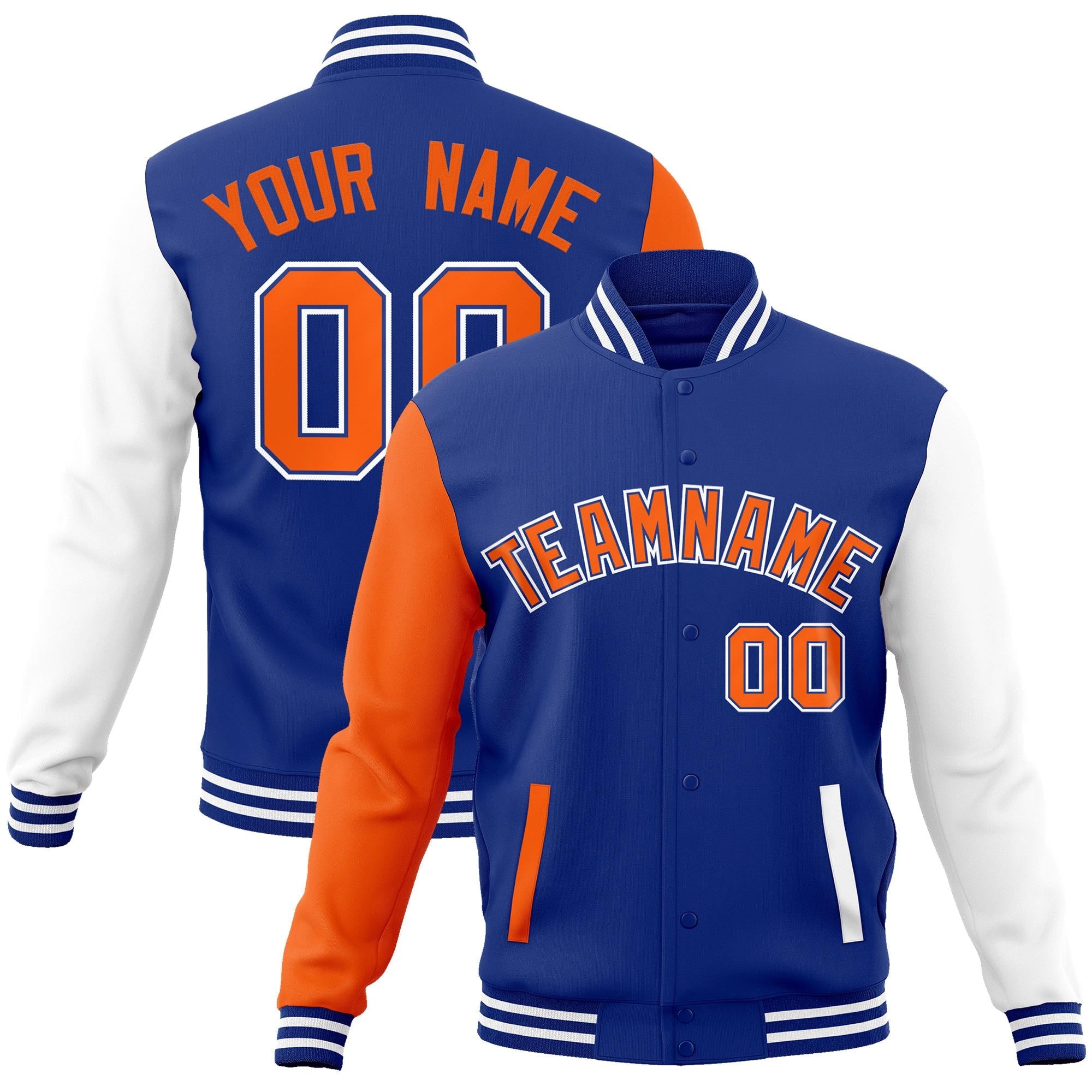 Custom Royal Orange-Royal Raglan Sleeves Varsity Full-Snap Letterman Jacket