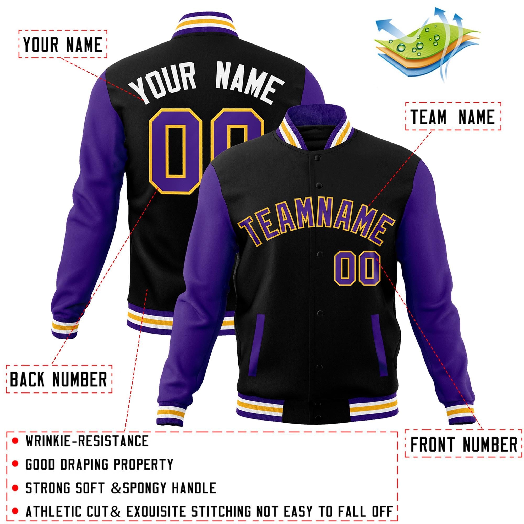 Veste Letterman Varsity Full-Snap personnalisée à manches raglan noir violet-jaune