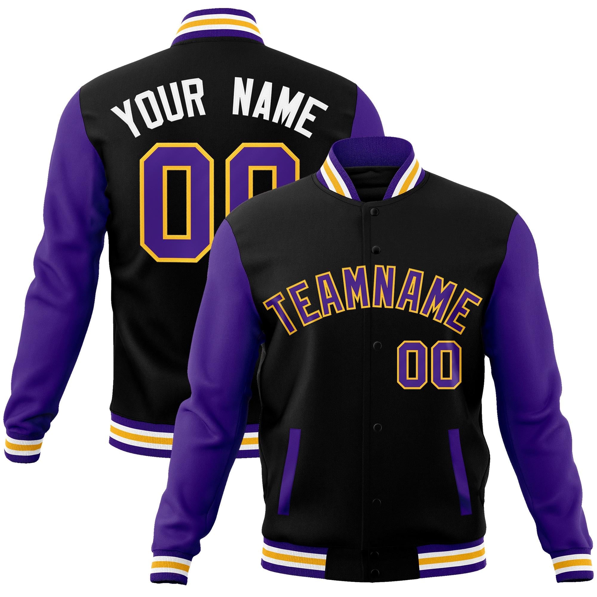 Custom Black Purple-Yellow Raglan Sleeves Varsity Full-Snap Letterman Jacket