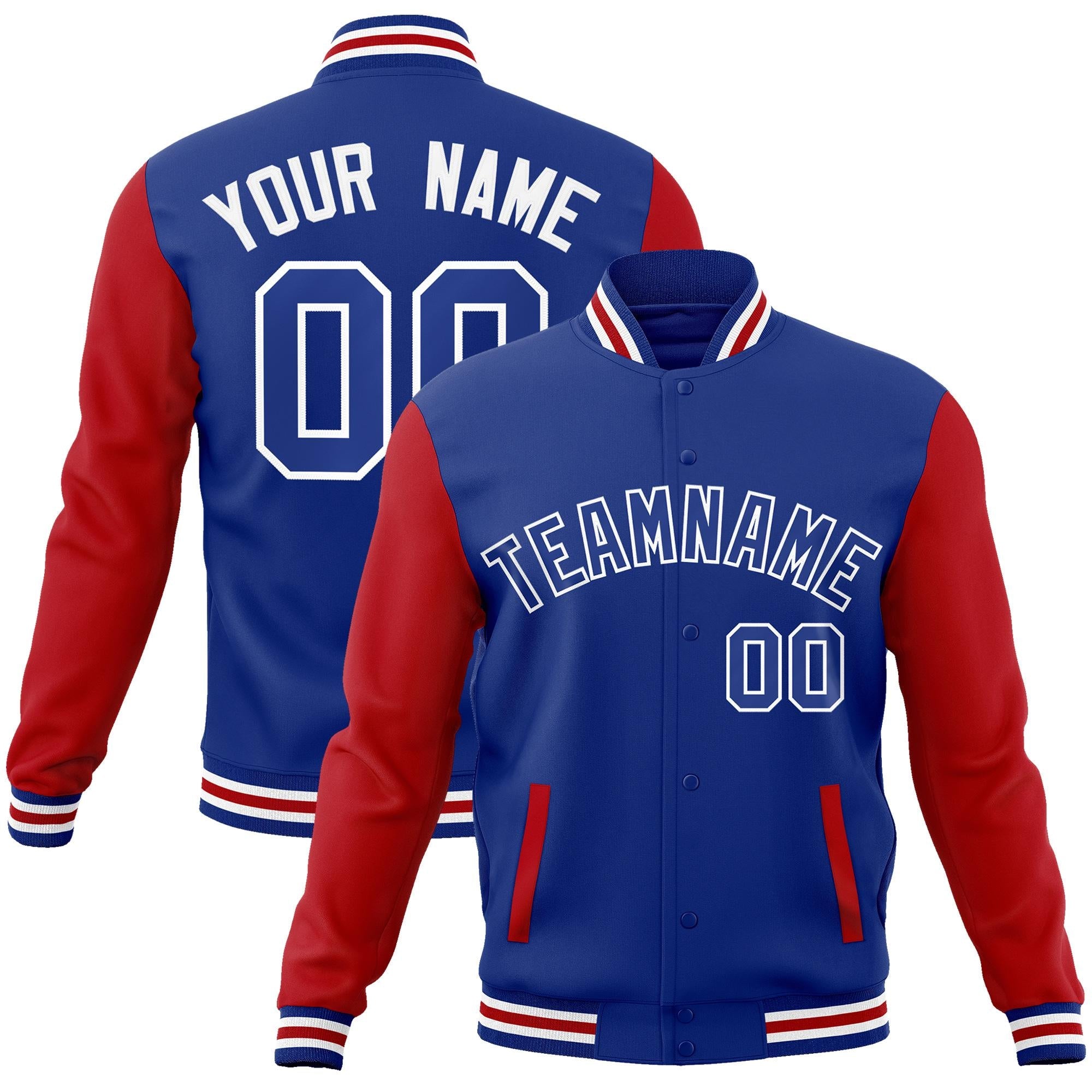 Custom Royal Royal-White Raglan Sleeves Varsity Full-Snap Letterman Jacket