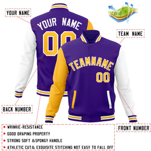 Custom Purple Yellow-White Raglan Sleeves Varsity Full-Snap Letterman Jacket