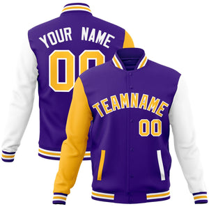 Custom Purple Yellow-White Raglan Sleeves Varsity Full-Snap Letterman Jacket