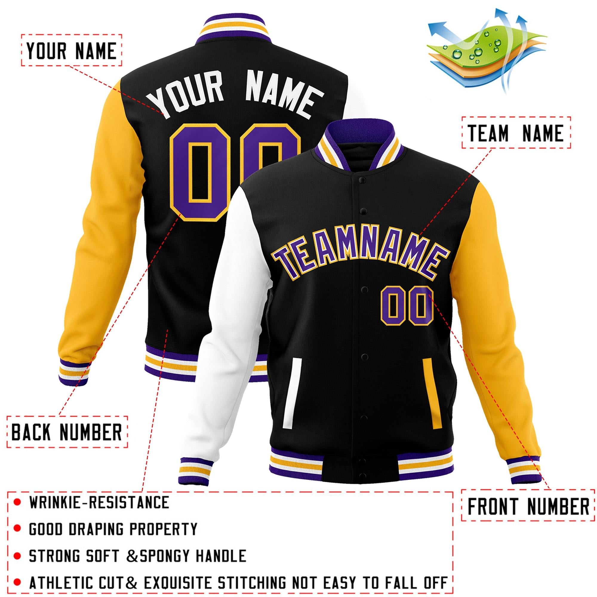 Custom Black Purple-White Raglan Sleeves Varsity Full-Snap Letterman Jacket