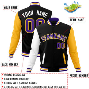 Veste Letterman Varsity Full-Snap à manches raglan personnalisées noir violet-blanc