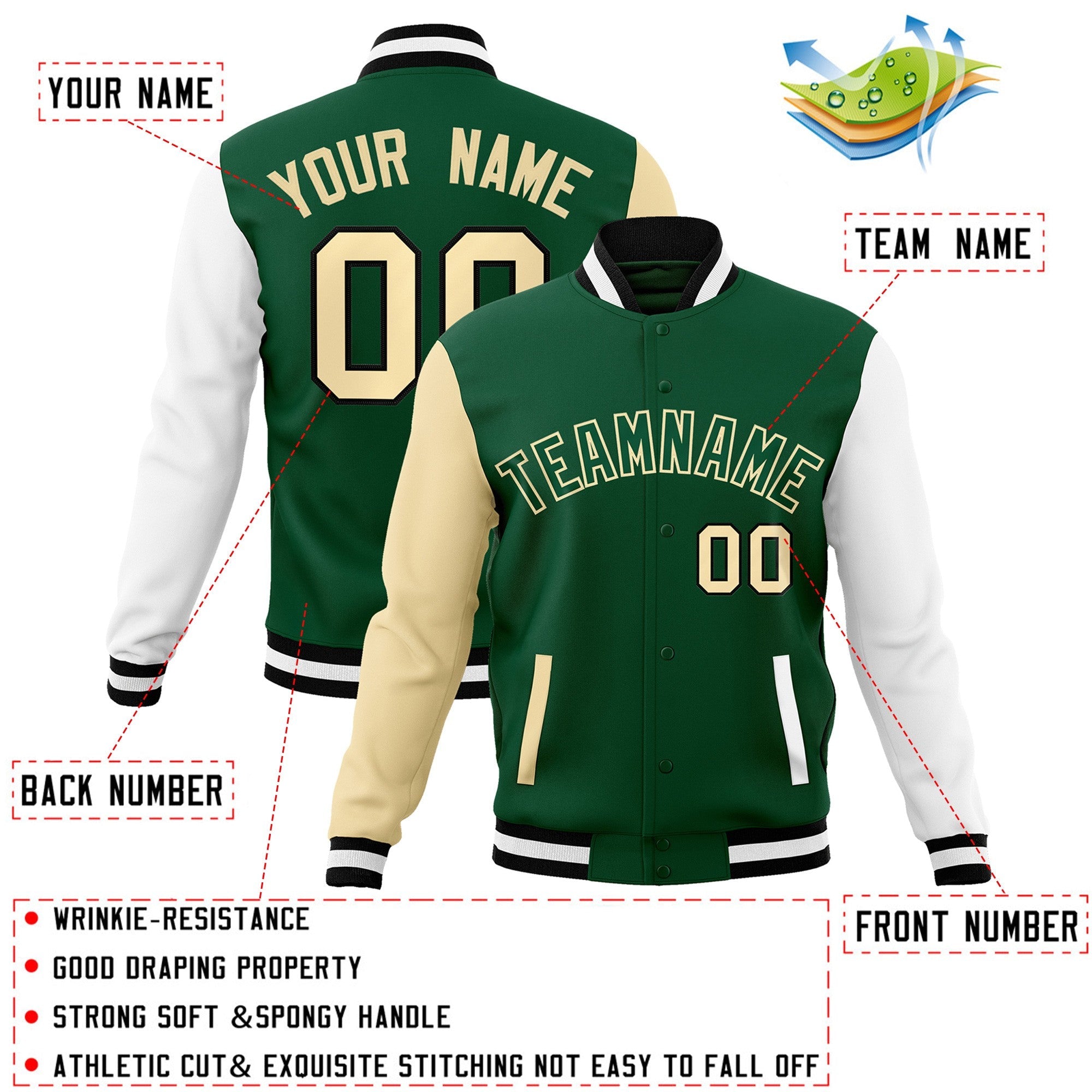 Custom Green Green-Khaki Raglan Sleeves Varsity Full-Snap Letterman Jacket