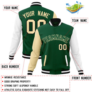 Custom Green Green-Khaki Raglan Sleeves Varsity Full-Snap Letterman Jacket