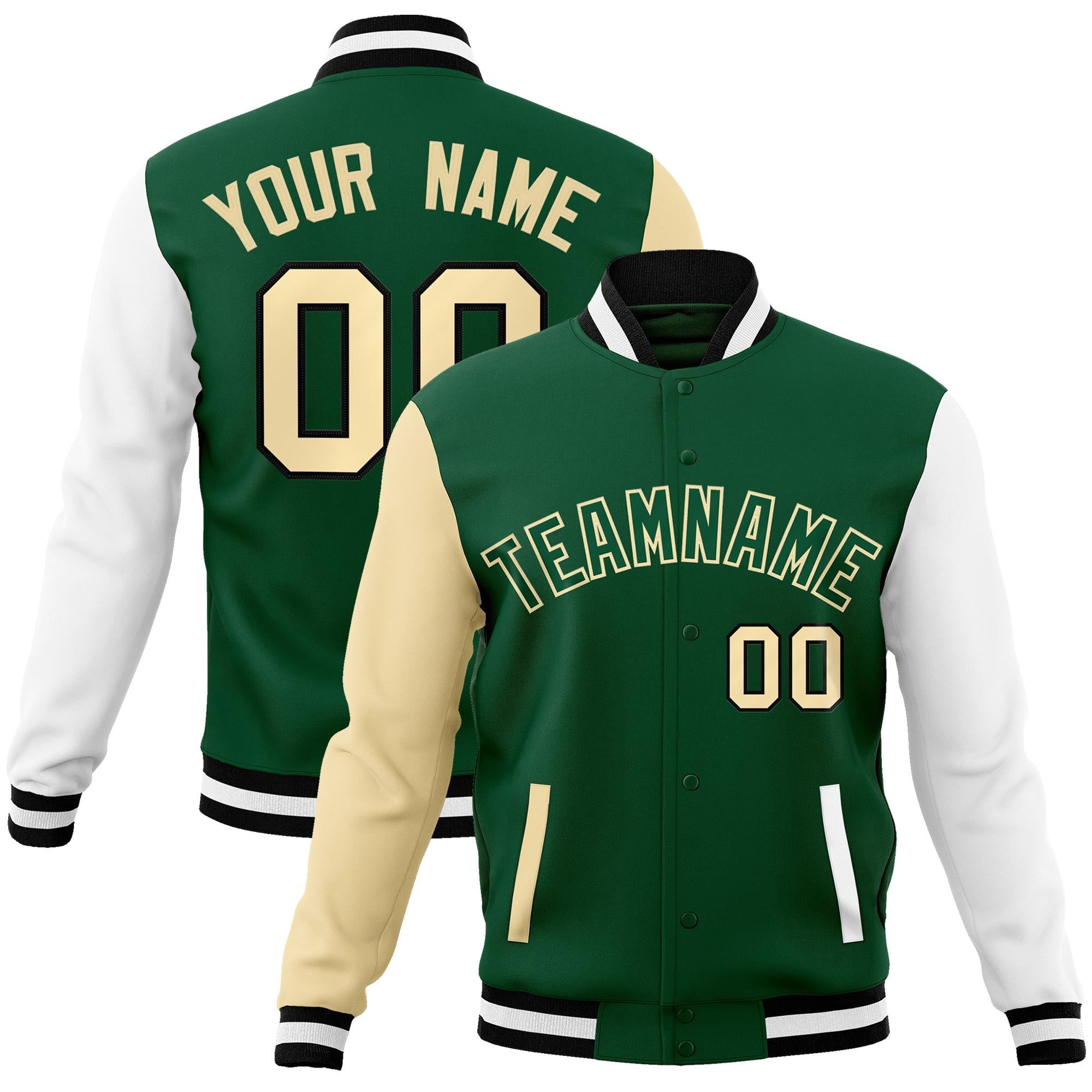 Custom Green Green-Khaki Raglan Sleeves Varsity Full-Snap Letterman Jacket