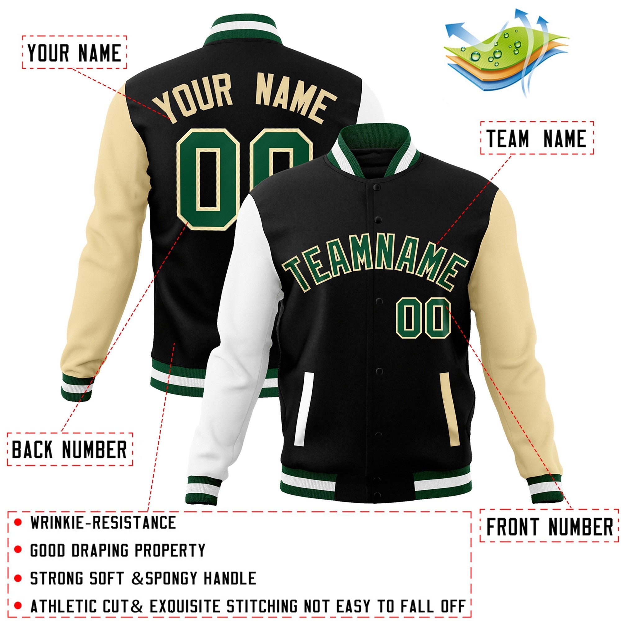 Custom Black Green-Khaki Raglan Sleeves Varsity Full-Snap Letterman Jacket