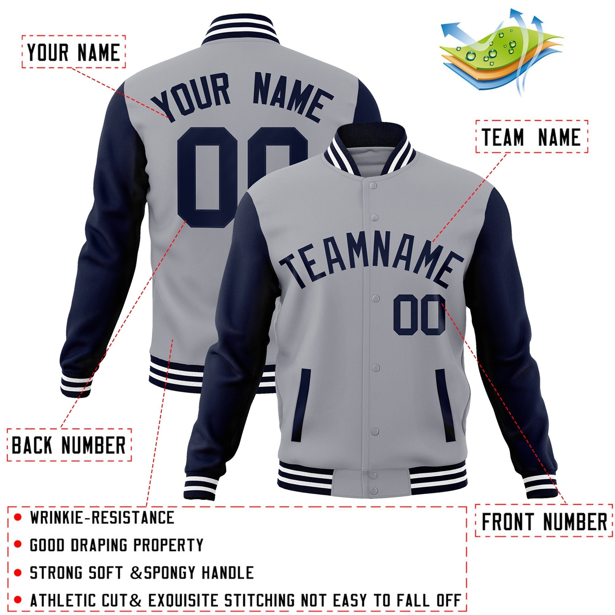 Custom Gray Navy Raglan Sleeves Varsity Full-Snap Letterman Jacket