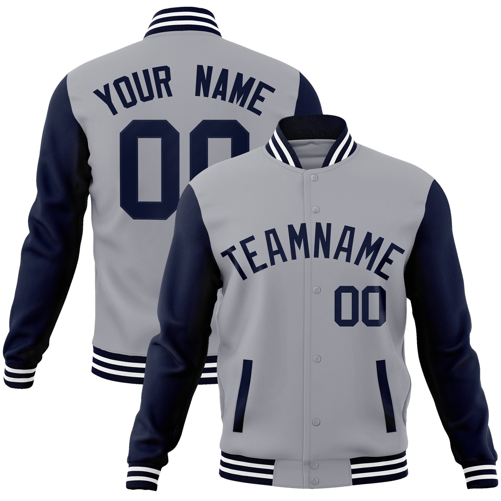 Custom Gray Navy Raglan Sleeves Varsity Full-Snap Letterman Jacket