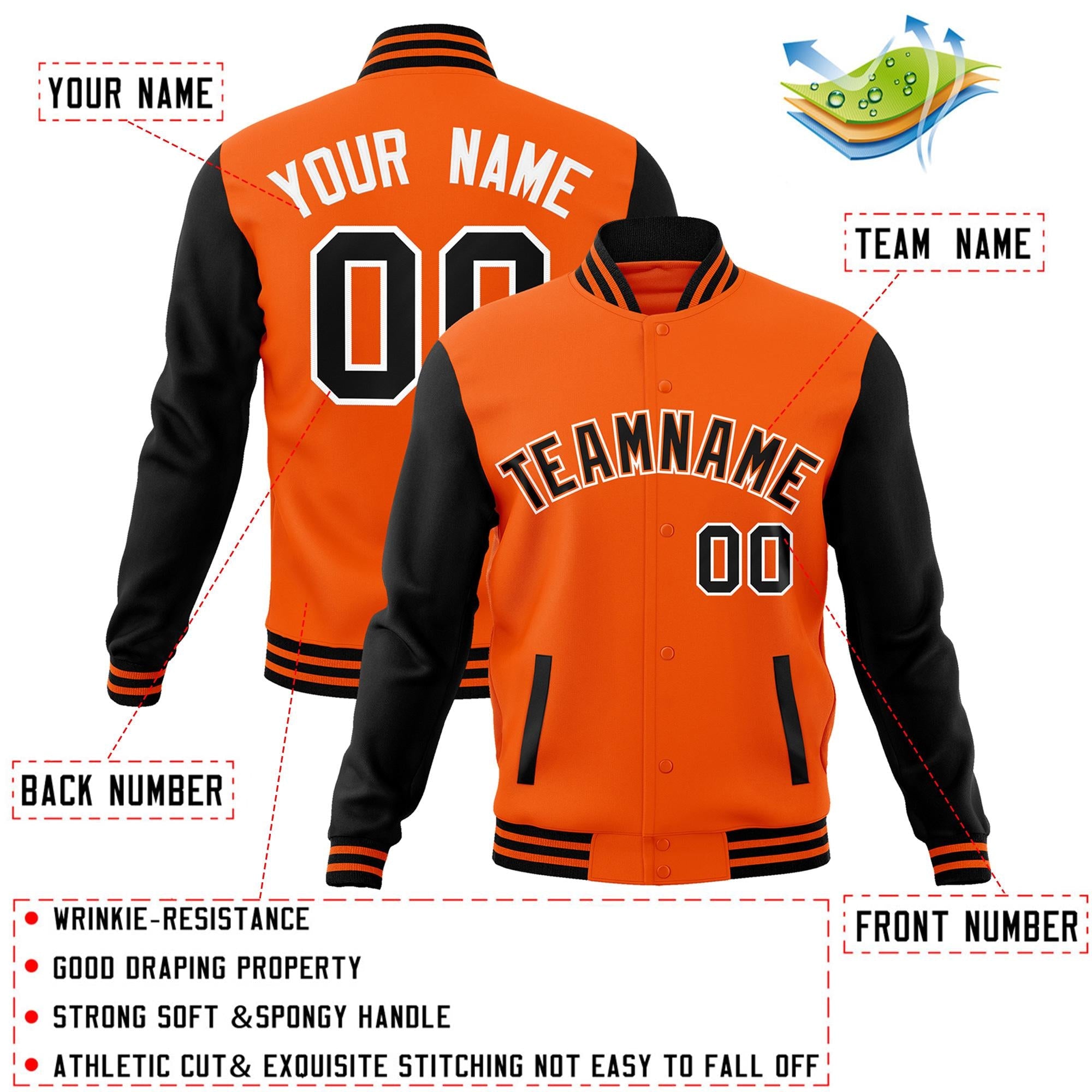 Veste Letterman Varsity Full-Snap à manches raglan orange noir-blanc personnalisée