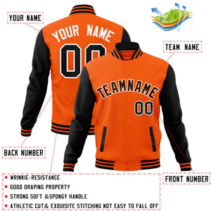 Veste Letterman Varsity Full-Snap à manches raglan orange noir-blanc personnalisée